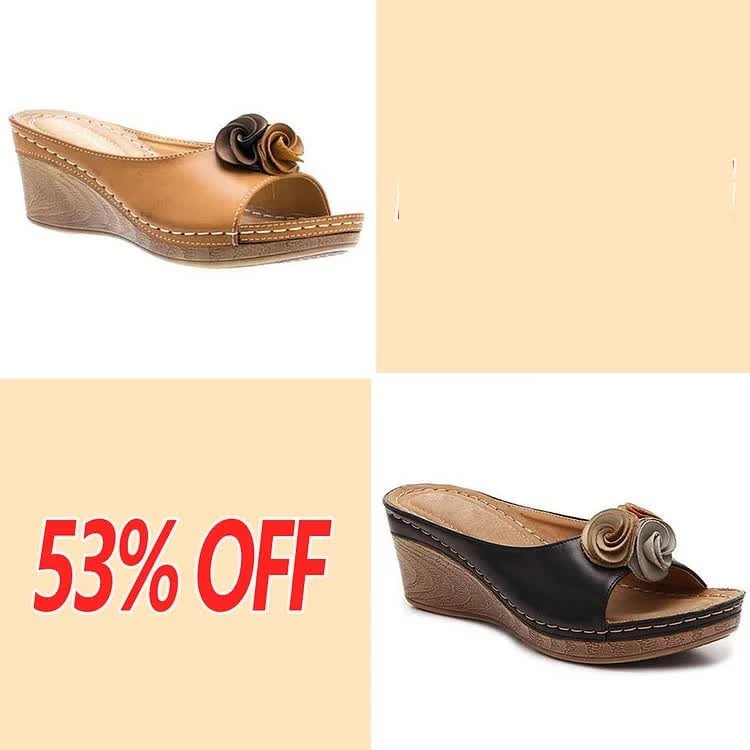 Womens Comfy Leather Solid Flower Strap Wedge Sandals