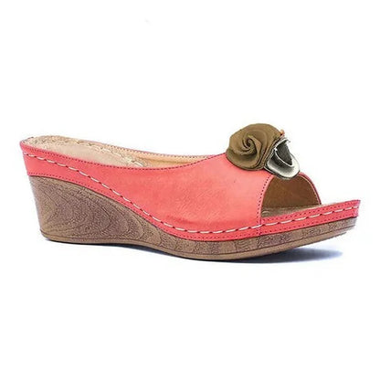 Womens Comfy Leather Solid Flower Strap Wedge Sandals