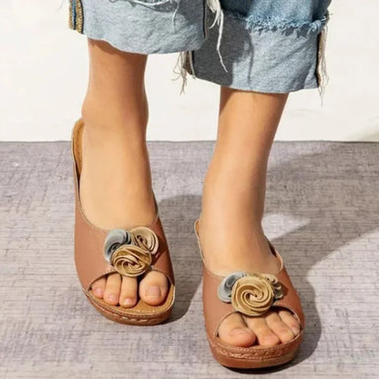 Womens Comfy Leather Solid Flower Strap Wedge Sandals