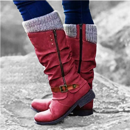 Womenâ€™s Leather Flat Heel Mid-Calf Zipper Boots